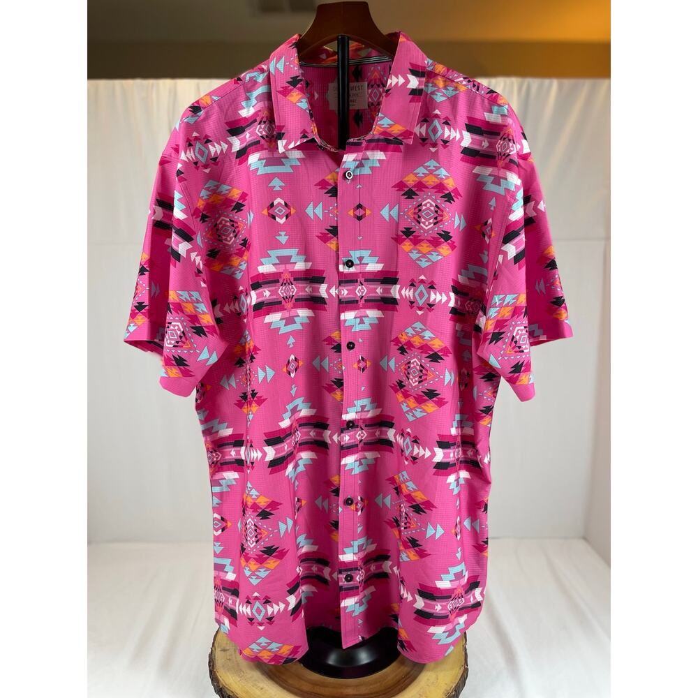 Departwest Men's Aztec Southwest Geometric Pink Performance Button Up Shirt 2XL